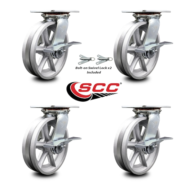 8 Inch V Groove Semi Steel Caster Set With Ball Bearing 4 Brake 2 Swivel Lock